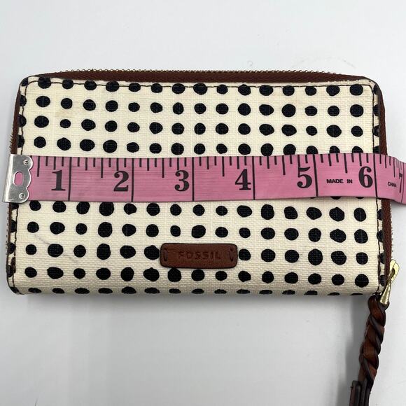 Fossil Caroline RFID Zip-Around Wallet Black Polka Dot Brown Leather Trim - Picture 6 of 7